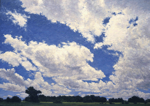 white clouds above bands of green